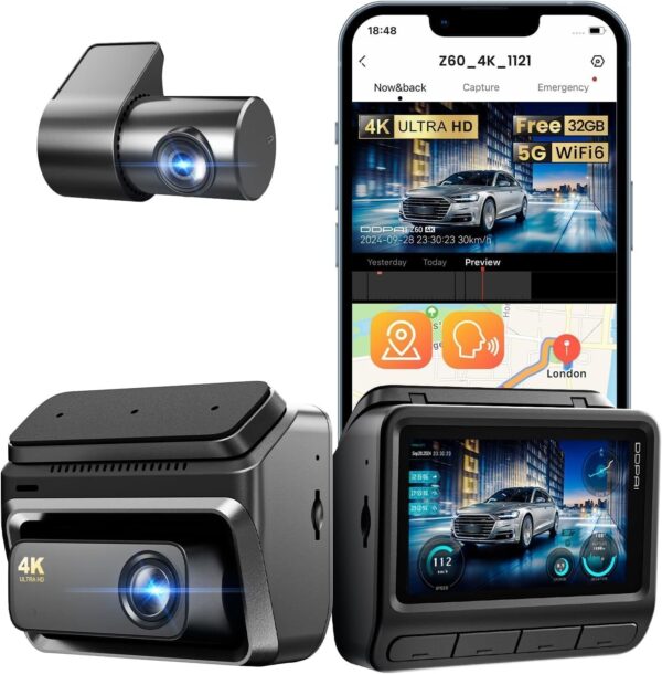 71HsBsCBT4L._AC_SL1433_.jpg DDPAI Z60 4K Câmera Veicular Frontal e Traseira, 4K+1080P para Carros, 5GHz WiFi com 32G eMMC, GPS, Visão Noturna, Tela IPS 3", Modo de Estacionamento de 20 Dias(Sem Cartão SD)
