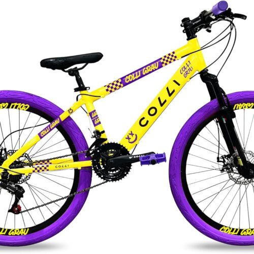 Colli Bike, Bicicleta Grau, Aro 26, Freios a Disco, 21 V, Alavanca Rapid Fire 3/7V, Pedivela Triplo Aço, Selim Colli C/Carrinho, Pedal Free Sport 9/16 Colorido, Pneus Coloridos, Guidão Downhill