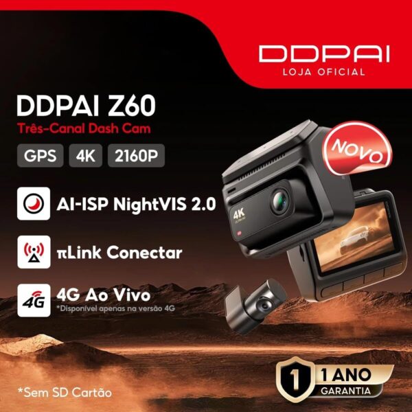 71KoHK4lxNL._AC_SL1200_.jpg DDPAI Z60 Câmera Veicular 3 Canais, 4K+ 2K+ 1080P, WiFi 5GHz com GPS, 32G eMMC D²Save,Tela IPS de 3", Visão Noturna Super AI-ISP, WDR, ADAS, Modo de Estacionamento AOV de 20 Dias (Sem Cartão SD)