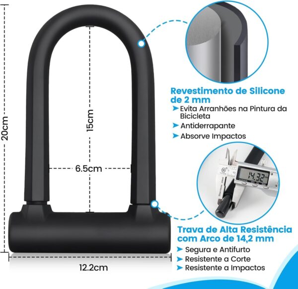 71N2YugY6L._AC_SL1500_.jpg Cadeado para Bicicleta, Cadeado em U Antifurto Reforçado com Cabo de Aço de 120 cm – Arco de 17 mm com Chaves e Suporte Resistente para Bikes de Estrada, Mountain Bike, Elétricas e Dobráveis