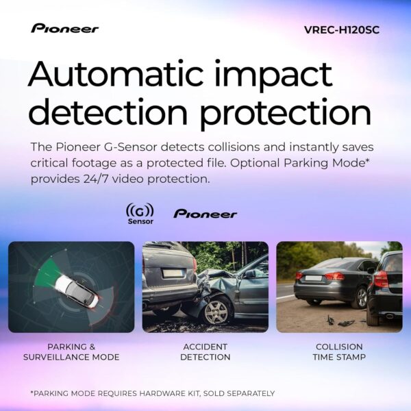 Pioneer Câmera veicular compacta VREC-H120SC – Câmera frontal discreta de resolução de 1,5 K para carros com detecção de impacto, cobertura grande angular de 120 graus, Wi-Fi integrado, aplicativo