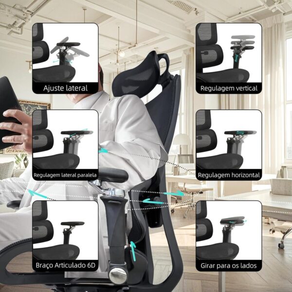 CHINI Cadeira Ergométrica Escritório Lombar Mesh Reclinável Braços 6D Giratória 360° 200kg Multiuso Home Office Gamer Presidente Estudo Confortável
