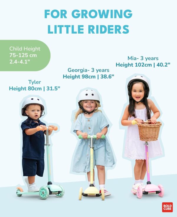 71SOUFQNWuL._AC_SL1500_.jpg BOLDCUBE Teeny | Scooter de menta de 3 rodas para crianças e crianças de 3 a 6 anos | Rodas piscantes | Altura ajustável de 53 a 70 cm | My First Scooter