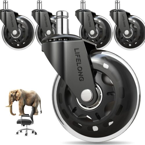 71TeI8WldFL._AC_SL1500_.jpg Genérico - Kit 5 Rodas para Cadeira de Escritório, Pino 11mm, Giratório, Multi-superfície, Metal, 75mm x 25mm, 295 kg