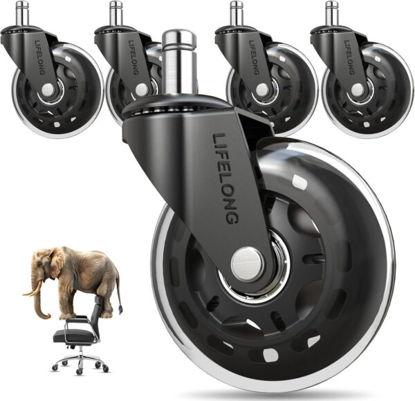 71TeI8WldFL._AC_SL1500_.jpg Genérico - Kit 5 Rodas para Cadeira de Escritório, Pino 11mm, Giratório, Multi-superfície, Metal, 75mm x 25mm, 295 kg