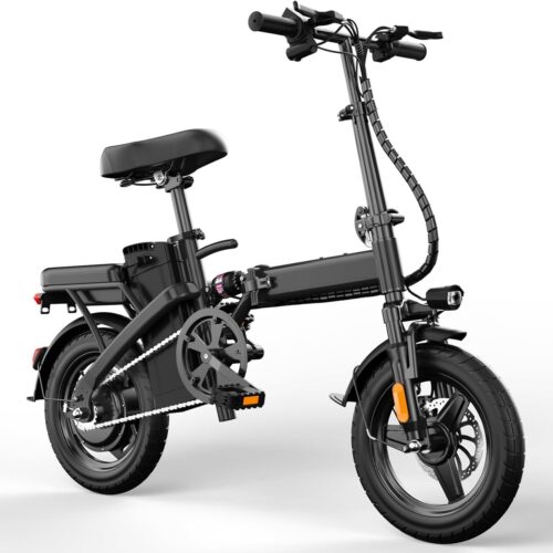 71UzkUiBlvL._AC_SL1500_.jpg Bicicleta Elétrica Dobrável, Motor 500W, 14 Polegadas, Bateria Removível 48V, Autonomia 25km, Velocidade Máxima 32km/h, Freios Duplos, Sistema de Amortecimento Triplo, Para Adultos