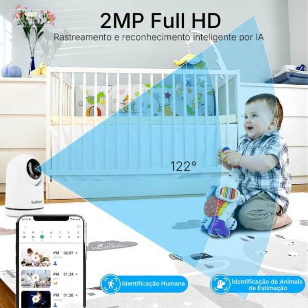 Câmera de Segurança Wi-Fi Interna, Câmera Inteligente com Rotação 360°, 2MP Full HD, Visão Noturna Colorida, Detecção de Movimento Humano, Áudio Bidirecional, Seguimento Automático