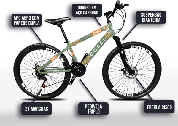 Colli Bike, Bicicleta Monaco, Aro 26, Freios a Disco, 21 Velocidades, Alavanca Rapid Fire 3/7V, Pedivela Triplo Aço, Selim Veloce PU C/Carrinho, Guidão Downhill