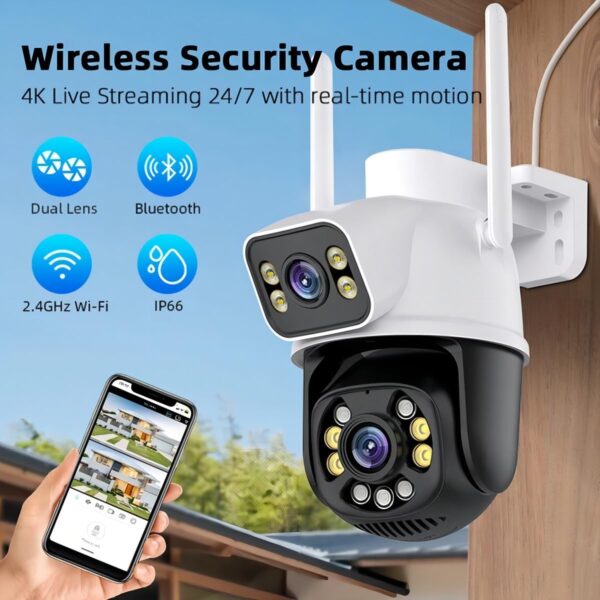 Câmera de Segurança WiFi Externa HD 3MP, IP Sem Fio com Visão Noturna Infravermelha, Dupla Lente Grande Angular, À Prova D'Água IP66, Detecção de Movimento e Áudio Bidirecional