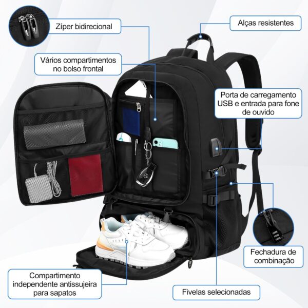 Mochila viagem de expansão de 50 litros, com 6 sacos de armazenamento, Anti-roubo, com porta USB e porta de fone de ouvido, mochila notebook, Adequado para homens e mulheres (preto)