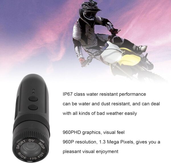 Motocicleta Capacete Camera, 170 ° Wide Angle Sports Camera, IP67 Water Resistant Bike Video Camera, Action Camera Camcorder with Bracket for Outdoor Sports