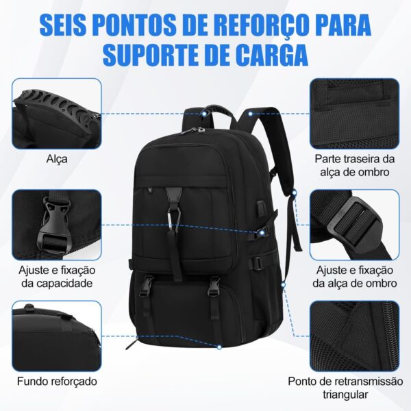 Mochila viagem de expansão de 50 litros, com 6 sacos de armazenamento, Anti-roubo, com porta USB e porta de fone de ouvido, mochila notebook, Adequado para homens e mulheres (preto)