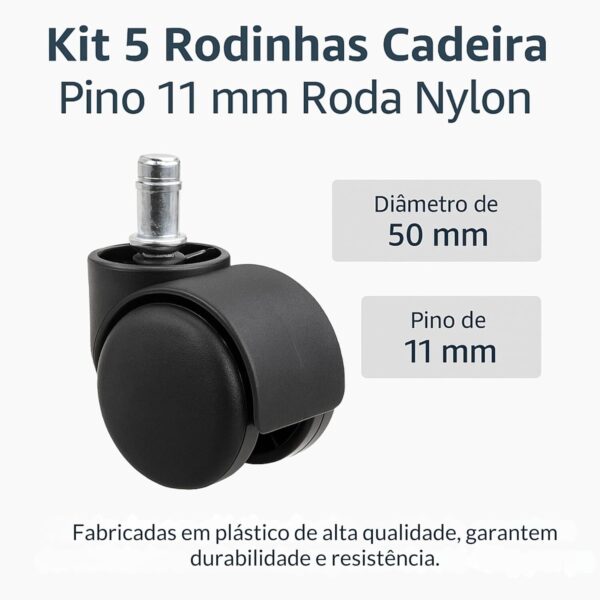 Kit 5 Rodinhas Rodizio para Cadeira Escritório Diretor Gamer Roda Nylon 50mm, Giratória Silenciosa, Preta