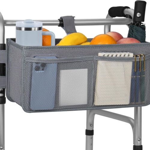 71fKuO7ZErL._AC_SL1500_.jpg Cesta para andador dobrável com suporte de copo, bolsa de armazenamento dobrável removível, grande capacidade de armazenamento para idosos, acessório de transporte, Cinza, 16.5 inches (L) x 5.7 inches