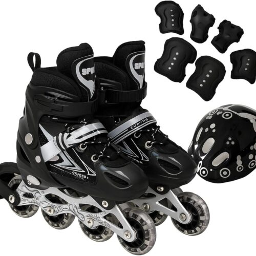 Patins Roller Inline 4 Rodas Skates Ajustavél com Roda Iluminada Jovens e Adultos, Para iniciantes, Uso Interno e Externo + Kit Completo com Capacete e Proteções