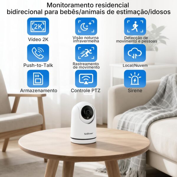 Câmera de Segurança Wi-Fi Interna, Câmera Inteligente com Rotação 360°, 2MP Full HD, Visão Noturna Colorida, Detecção de Movimento Humano, Áudio Bidirecional, Seguimento Automático