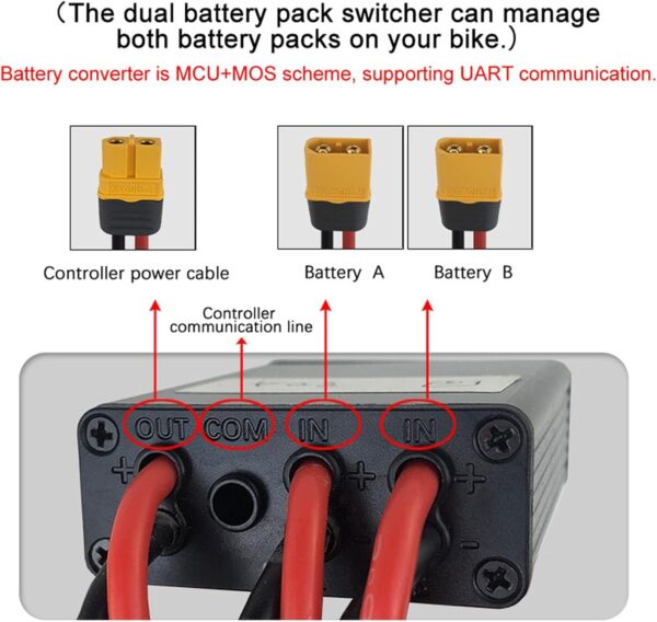 Conversor de descarga de bateria dupla para E Bike, 20A/30A/40A20V-72V DC dual Battery Pack Switch Balancer for Increase The Capacity by Connecting Two Batteries (30A)