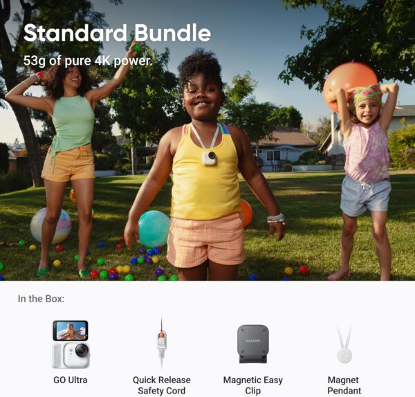 Insta360 Pacote GO Ultra Standard – Minúscula câmera 4K mãos-livres, leve e portátil, excelência em pouca luz, montagem em qualquer lugar, estabilização FlowState, vida útil da bateria de 200 minutos