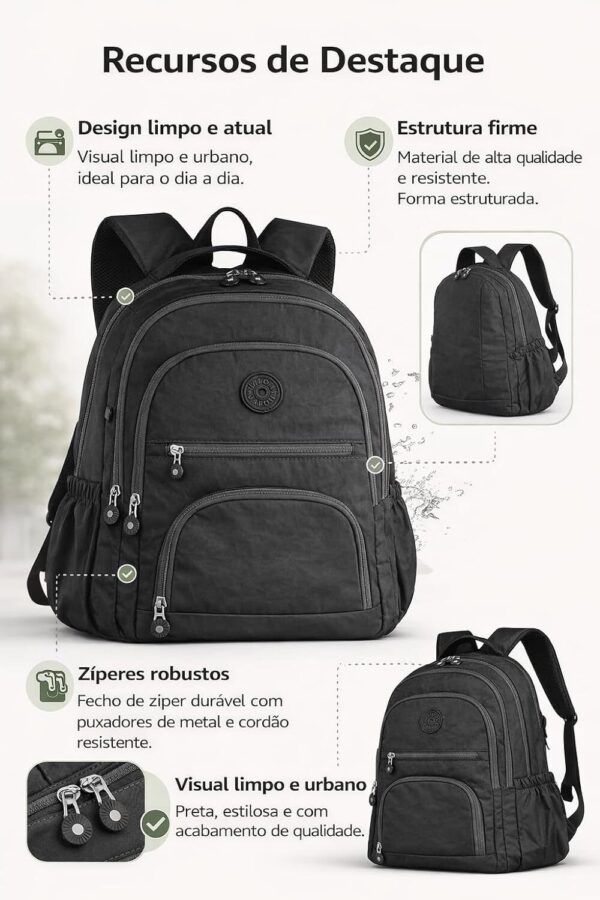 71jLCoSm1gL._AC_SL1500_.jpg Mochila Grande 30L Nylon Impermeável Feminina Masculina Escolar Juvenil Notebook 15" — Mochila Preta Resistente com Múltiplos Bolsos, Leve, Casual e Reforçada para Escola e Viagens