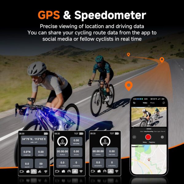 71kM-A2-mL._AC_SL1500_.jpg SVBONY Kit de câmera de bicicleta SVGo C1 5 em 1 com câmeras Dash 4K/30FPS, rastreador GPS, velocímetro/odômetro de ciclismo, luzes de bicicleta/sino, EIS de 6 eixos, suporte de aplicativo (sem cartão
