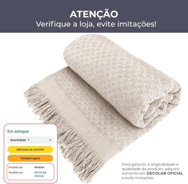 Decolab Manta para Sofá em Algodão com Franjas Artesanais | Cobertor Decorativo para Sofa, Poltrona e Cama | Estilo Boho Chic (Branca-Cru)