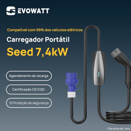 Carregador Portátil Para Carro Elétrico Tipo 2, 32a, 7,4kw, APP habilitado para WiFi e Bluetooth, com fio, interno/externo, cabo 5 Metros, certificado CE, Wallbox