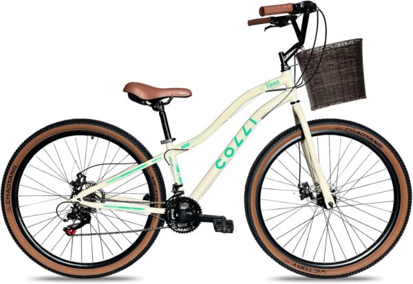 71pB4nIvggL._AC_SL1500_.jpg Colli Bike, Viena, Tam. 15,5, Aço Carbono, 21 Velocidades, Aro 29, Freios a Disco, Com Cesto Bege, Selim Marrom, Pneu com Faixa Bege CHAOYANG
