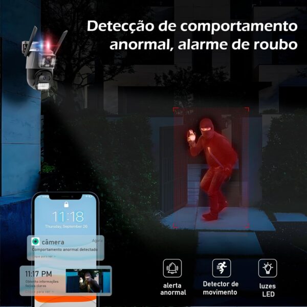 Câmera IP Sem Fio de Segurança Externa HD 3MP, Câmera de Visão Noturna Infravermelha WiFi, Dupla Lente Grande Angular, IP66 à Prova D'água e à Prova de Poeira, Luz de Advertência