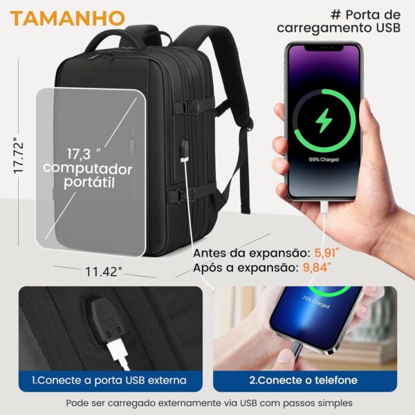 Mochila de Viagem Expansivel Grande Masculina Feminina,Mochila Avião para Notebook 17,Executiva,Antifurto,Reforçada,USB,Impermeável,Escolar,Faculdade,Trabalho,Presente