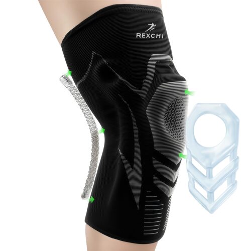 71tT64J0jL._SL1500_.jpg Joelheira de Compressão Profissional com Suporte de Mola Dupla + Silicone Antiderrapante - Estabilização da Patela, Tecido Respirável e Ajuste 3D - Para Ciclismo, Academia, CrossFit (Tamanho L)