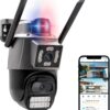 Câmera IP Sem Fio de Segurança Externa HD 3MP, Câmera de Visão Noturna Infravermelha WiFi, Dupla Lente Grande Angular, IP66 à Prova D'água e à Prova de Poeira, Luz de Advertência
