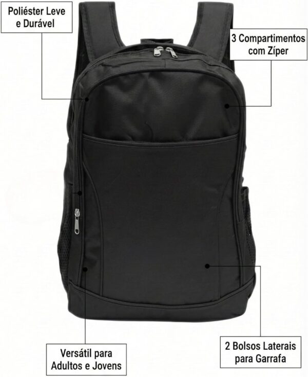 71wof4ZVKiL._AC_SL1500_.jpg Mochila MUITO Versátil para Adultos e Jovens - Poliéster Leve e Durável com 3 Compartimentos Zíper, 2 Bolsos Laterais Porta Garrafa - Cores: Preto, Cinza, Azul Marinho.