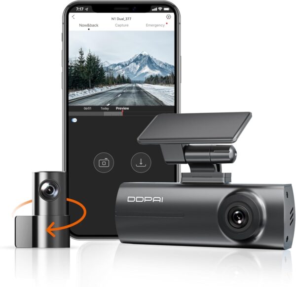 71xrpUc3kxL._AC_SL1500_.jpg DDPAI N1 Dual Câmera Veicular Frontal Traseira 1296P+1080P, Dachcam com WiFi, Câmera para Carro com Aplicativo, Supercapacitor, Visão Noturna, Gravação em Loops, Estacionamento 24H (Sem Cartão SD)
