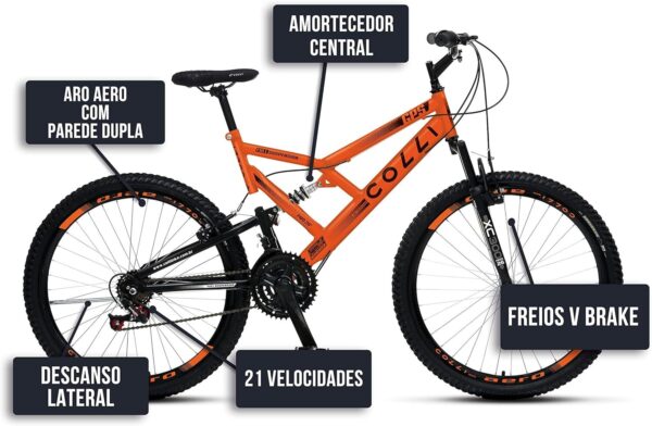 81hy1pqFuL._AC_SL1500_.jpg Colli Bike, Bicicleta GPS 148 Dupla Suspensão e Freios V-Brake, Aro 26 Aero, 36 Raias, 21 Marchas