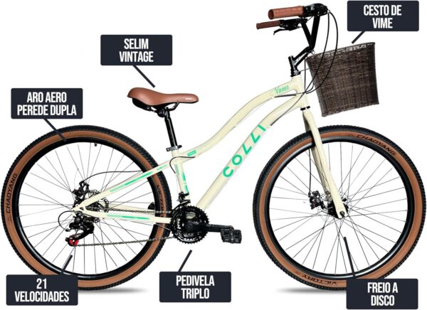 81FFwV831L._AC_SL1500_.jpg Colli Bike, Viena, Tam. 15,5, Aço Carbono, 21 Velocidades, Aro 29, Freios a Disco, Com Cesto Bege, Selim Marrom, Pneu com Faixa Bege CHAOYANG