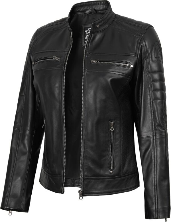 fjackets Jaqueta feminina de couro real – Jaqueta feminina para motociclista Cafe Racer com gola alta