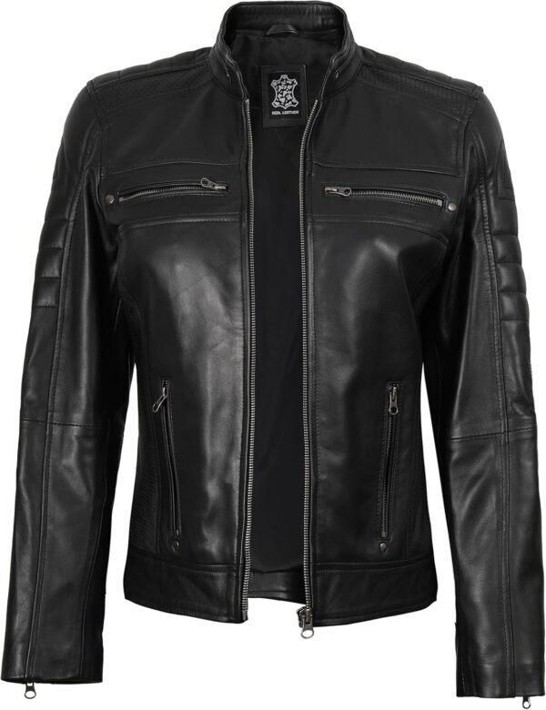 fjackets Jaqueta feminina de couro real – Jaqueta feminina para motociclista Cafe Racer com gola alta