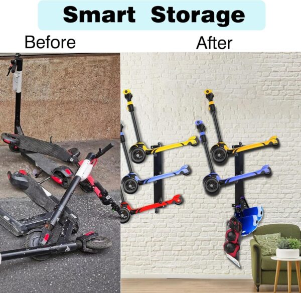 Suporte de parede para scooter, suporte de armazenamento de garagem, suporte de várias scooters para 3 scooters elétricas, organizador de metal (preto)