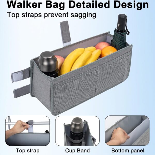 81NuFRkrwTL._AC_SL1500_.jpg Cesta para andador dobrável com suporte de copo, bolsa de armazenamento dobrável removível, grande capacidade de armazenamento para idosos, acessório de transporte, Cinza, 16.5 inches (L) x 5.7 inches