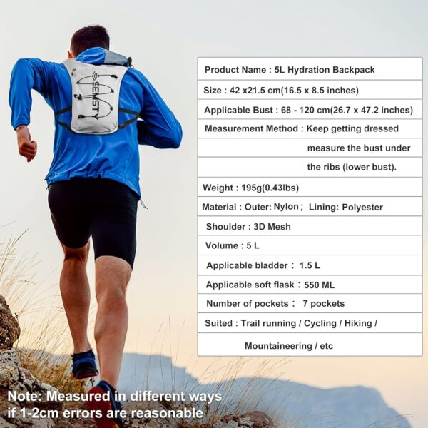 Colete de hidratação de corrida 5L, pacote de colete de corrida com bexiga de água de 1,5 L, mochila de água leve para caminhadas, corrida, ciclismo