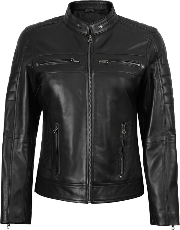 fjackets Jaqueta feminina de couro real – Jaqueta feminina para motociclista Cafe Racer com gola alta