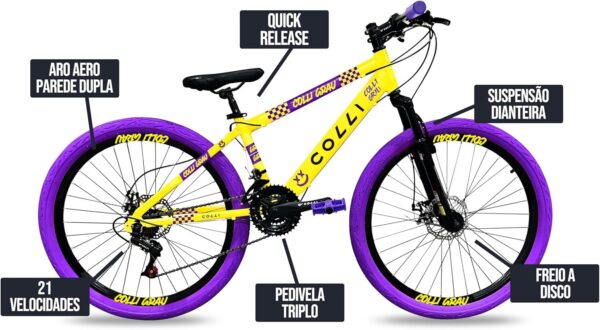 81gr35aK0mL._AC_SL1500_.jpg Colli Bike, Bicicleta Grau, Aro 26, Freios a Disco, 21 V, Alavanca Rapid Fire 3/7V, Pedivela Triplo Aço, Selim Colli C/Carrinho, Pedal Free Sport 9/16 Colorido, Pneus Coloridos, Guidão Downhill
