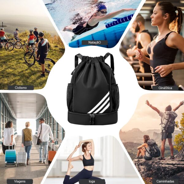 81prdn-9EhL._AC_SL1500_.jpg Mochila Esportiva com Cordão, Separação seca e húmida, Mochila de grande capacidade para viagens de lazer, Bolsos Laterais em Malha, Preto com Listras