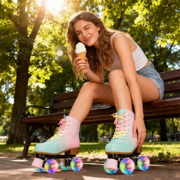 81qKSiGj7XL._AC_SL1500_.jpg Gets Patins femininos de couro PU patins de rolo de cano alto patins de quatro rodas, fileira dupla, patins brilhantes para ambientes internos e externos