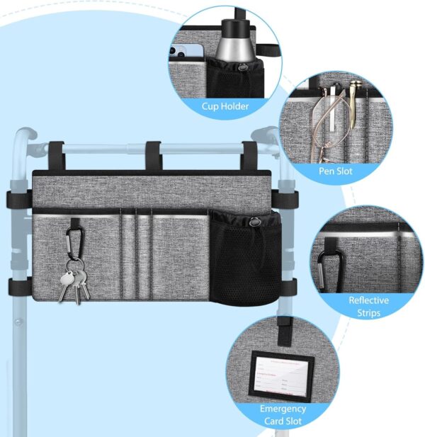 FINPAC Bolsa grande para andador com suporte de copo, acessório dobrável para andador, cesta de armazenamento mãos livres, bolsa para acessórios de mobilidade para idosos, idosos (cinza)