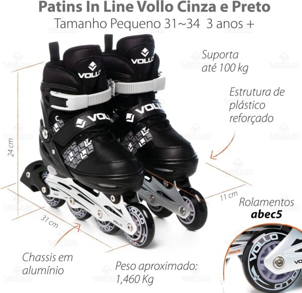 Patins In Line Cinza e Preto Pequeno Vollo Sports
